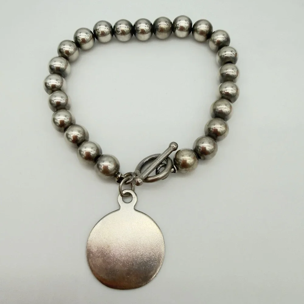 Vintage Sterling Silver 925 Ball Bead Toggle Bracelet Engravable Charm Sz 7